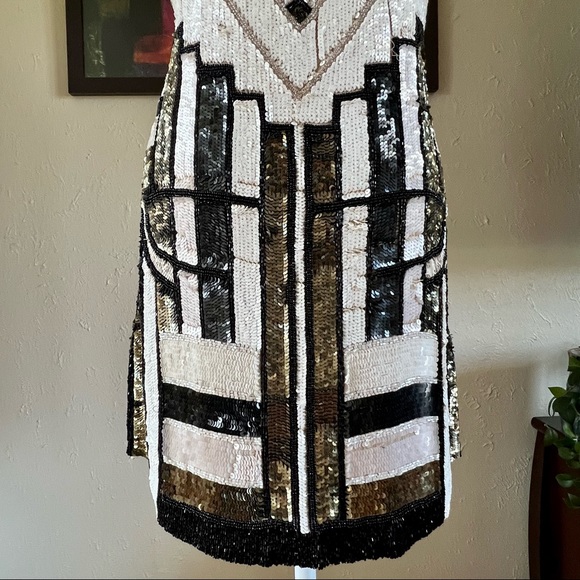 Parker Black Gold White Sequin Cocktail Dress Size Medium - Picture 8 of 11